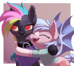 Size: 2000x1800 | Tagged: safe, artist:luminousdazzle, derpibooru import, oc, oc only, oc:adina, oc:opal, pony, clothes, collar, cute, cutie mark, duo, eyes closed, hug, open mouth, red eyes, unamused