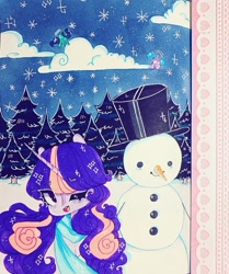 Size: 720x861 | Tagged: safe, artist:dollbunnie, derpibooru import, twilight sparkle, clothes, cloud, cute, detailed background, eyebrows, forest background, instagram, marker drawing, night, one eye closed, open mouth, pine tree, scarf, smiling, snowman, starry night, stars, traditional art, tree, wink, winter