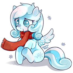 Size: 2000x2000 | Tagged: safe, artist:liquorice_sweet, derpibooru import, oc, oc only, oc:snowdrop, blushing, checkered scarf, clothes, cute, female, filly, foal, scarf, simple background, sitting, snow, snowbetes, snowflake, solo, transparent background