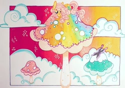 Size: 704x498 | Tagged: safe, artist:dollbunnie, derpibooru import, fluttershy, butterfly, pegasus, pony, beautiful, cloud, cute, marker drawing, mushroom, mushrooms, sleeping, sparkling, traditional art