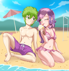 Size: 1854x1920 | Tagged: safe, alternate version, artist:thebrokencog, derpibooru import, spike, sweetie belle, human, beach, bikini, clothes, commission, cute, female, food, humanized, ice cream, male, sand, shipping, shorts, spikebelle, straight, swimsuit, virgo, water