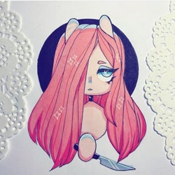 Size: 720x719 | Tagged: safe, artist:dollbunnie, derpibooru import, pinkie pie, earth pony, pony, eyelashes, hair over one eye, instagram, knife, makeup, marker drawing, pinkamena diane pie, solo, traditional art