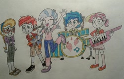 Size: 1280x821 | Tagged: safe, artist:bozzerkazooers, artist:jebens1, derpibooru import, bright eyes, lancer, melody, silverstream, sweetheart, equestria girls, amazed, blushing, drums, equestria girls-ified, guitar, keytar, musical instrument, singing, smiling, song in the description, song reference, story included, surprised