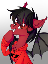 Size: 2185x2881 | Tagged: safe, artist:kannakiller, derpibooru import, bat pony, pony, bat wings, bust, chest fluff, clothes, colored pupils, commission, ear fluff, fall out boy, fangs, gradient background, grin, happy, hoodie, male, messy mane, pete wentz, ponified, raised hoof, slit eyes, smiling, solo, spread wings, stallion, wings, ych result