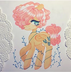 Size: 720x725 | Tagged: safe, artist:dollbunnie, derpibooru import, fluttershy, pegasus, pony, :3, cute, different hairstyle, eyelashes, hair over one eye, headband, heart eyebrows, instagram, marker drawing, plant, short mane, solo, traditional art