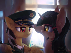 Size: 1920x1440 | Tagged: safe, artist:coldrivez, derpibooru import, oc, oc only, pegasus, unicorn, clothes, couple, crying, curtain, cute, female, house, looking at each other, male, military hat, necktie, romantic, suit, tears of joy, uniform, window