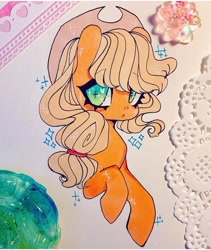 Size: 720x855 | Tagged: safe, artist:dollbunnie, derpibooru import, applejack, earth pony, pony, cute, eyelashes, hat, instagram, jackabetes, marker drawing, solo, sparkles, traditional art