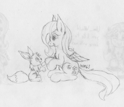 Size: 2640x2280 | Tagged: safe, artist:wapamario63, fluttershy, pegasus, pony, cute, daaaaaaaaaaaw, eevee, female, mare, monochrome, pokémon, sitting, traditional art