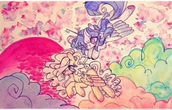 Size: 720x465 | Tagged: safe, artist:dollbunnie, derpibooru import, fluttershy, twilight sparkle, twilight sparkle (alicorn), alicorn, pegasus, pony, cloud, sunset, traditional art, watercolor painting