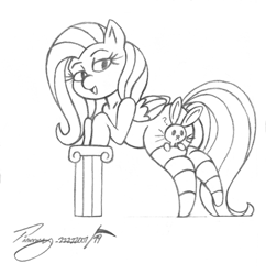 Size: 1562x1614 | Tagged: safe, artist:timmy_22222001, derpibooru import, angel bunny, fluttershy, pegasus, pony, rabbit, animal, clothes, duo, leaning, looking back, monochrome, pencil drawing, question mark, sketch, socks, striped socks, traditional art
