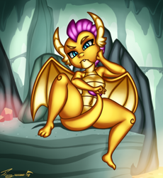 Size: 950x1034 | Tagged: safe, artist:timmy_22222001, derpibooru import, smolder, dragon, belly button, cave, covering, older, older smolder, sitting, solo, tail covering