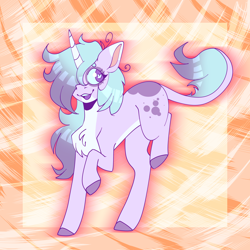 Size: 3300x3300 | Tagged: safe, artist:tuzz-arts, derpibooru import, oc, oc only, oc:sugar rain, classical unicorn, pony, unicorn, butt freckles, chest fluff, colored hooves, female, freckles, leonine tail, multicolored hair, orange background, simple background, solo, traditional unicorn tail