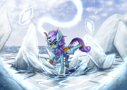 Size: 1323x935 | Tagged: safe, artist:calena, derpibooru import, part of a set, oc, oc only, oc:searing cold, kirin, ice, kirin oc, shards, smiling, solo, water