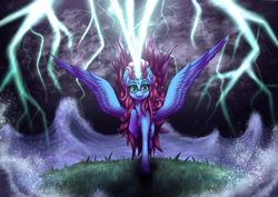 Size: 1323x935 | Tagged: safe, artist:calena, derpibooru import, part of a set, oc, alicorn, pony, alicorn oc, grass, horn, lightning, looking at you, solo, water, wings