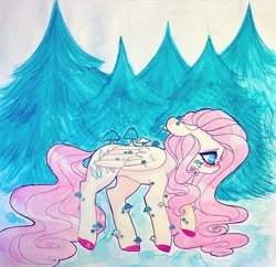 Size: 720x696 | Tagged: safe, derpibooru import, fluttershy, pegasus, pony, eyebrows eyelashes, female, folded wings, forest background, mare, mushrooms, outdoors, pine tree, solo, substrate body, traditional art, tree, watercolor painting, wings