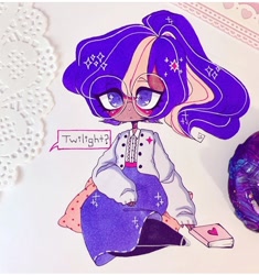Size: 720x766 | Tagged: safe, artist:dollbunnie, derpibooru import, twilight sparkle, human, blouse, blushing, book, clothes, different hairstyle, eyebrows, female, glasses, humanized, instagram, jacket, long skirt, marker drawing, mary janes, pillow, ponytail, question, shoes, skirt, solo, speech bubble, tights, traditional art