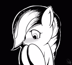 Size: 3218x2895 | Tagged: safe, artist:drawalaverr, derpibooru import, marble pie, earth pony, pony, blushing, dark background, female, grayscale, looking down, mare, monochrome, shy, solo