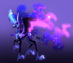 Size: 2154x1841 | Tagged: safe, artist:sugaryicecreammlp, derpibooru import, nightmare moon, alicorn, pony, armor, colored wings, colored wingtips, curved horn, ethereal fetlocks, ethereal mane, fangs, female, glowing horn, horn, leonine tail, lidded eyes, mare, purple background, raised hoof, redesign, signature, simple background, solo