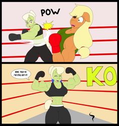 Size: 3168x3336 | Tagged: safe, artist:matchstickman, derpibooru import, applejack, granny smith, anthro, abs, applejacked, applerack, biceps, black eye, boxing, boxing gloves, boxing ring, breasts, busty granny smith, clothes, comic, commission, eyes closed, female, fight, flexing, granny smash, hair bun, happy, knockout, muscles, muscular female, pants, punch, speech bubble, sports, sports bra, sweatpants, victory pose