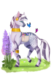 Size: 1053x1466 | Tagged: safe, artist:lou1911, derpibooru import, zecora, butterfly, zebra, bag, ear piercing, earring, female, flower, hoers, jewelry, mare, neck rings, piercing, raised leg, realistic, saddle bag, simple background, smiling, solo, transparent background