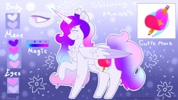 Size: 2560x1440 | Tagged: safe, artist:shinningblossom12, derpibooru import, oc, oc only, oc:anasflow maggy, oc:shinning blossom, alicorn, pony, alicorn oc, chest fluff, ethereal mane, female, fusion, heart, horn, mare, raised hoof, reference sheet, wings