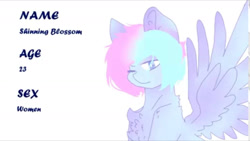 Size: 1280x720 | Tagged: safe, artist:shinningblossom12, derpibooru import, oc, oc only, oc:shinning blossom, pegasus, pony, chest fluff, female, mare, one eye closed, pegasus oc, reference sheet, simple background, solo, text, white background, wings, wink