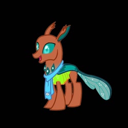 Size: 1080x1080 | Tagged: safe, artist:operfield, derpibooru import, oc, oc only, oc:stitchy de noël, changedling, changeling, black background, changedling oc, changeling oc, clothes, open mouth, scarf, simple background, smiling, solo