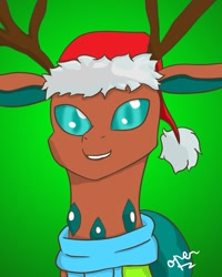 Size: 863x1079 | Tagged: safe, alternate version, artist:operfield, derpibooru import, oc, oc only, oc:stitchy de noël, anthro, changedling, changeling, antlers, bust, changedling oc, changeling oc, christmas, christmas changeling, clothes, colored, gradient background, hat, holiday, reindeer antlers, santa hat, scarf, signature, smiling, solo