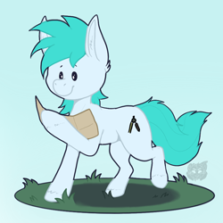 Size: 800x800 | Tagged: safe, artist:sursiq, derpibooru import, oc, earth pony, pony, cartographer, chibi, full body, gradient background, grass, grass patch, male, map, one hoof raised, solo