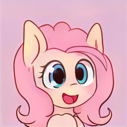 Size: 1024x1024 | Tagged: safe, artist:thisponydoesnotexist, derpibooru import, edit, fluttershy, pegasus, pony, artificial intelligence, blue eyes, bust, happy, looking at you, neural network, pink mane, portrait, smiling, solo