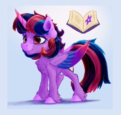 Size: 1804x1728 | Tagged: safe, artist:thatonegib, derpibooru import, twilight sparkle, twilight sparkle (alicorn), alicorn, colored wings, cutie mark, emala jiss challenge, female, folded wings, horn, long tail, mare, multicolored hair, multicolored mane, multicolored tail, multicolored wings, pink eyes, redesign, short hair, smiling, solo, standing, tail, wings