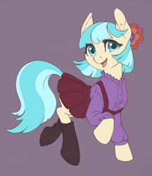 Size: 2590x3000 | Tagged: safe, artist:taytinabelle, derpibooru import, coco pommel, earth pony, pony, button-up shirt, clothes, cocobetes, cute, dock, ear fluff, female, hair accessory, happy, high res, looking at you, mare, open mouth, open smile, pleated skirt, purple background, raised hoof, shirt, simple background, skirt, smiling, smiling at you, socks, solo