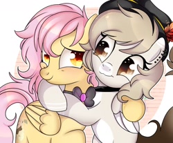 Size: 1280x1060 | Tagged: safe, artist:2pandita, derpibooru import, oc, oc only, oc:cat-puchina, oc:tender mist, pegasus, pony, blushing, ear piercing, eye contact, female, hug, looking at each other, mare, piercing, smiling