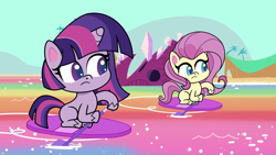 Size: 1920x1080 | Tagged: safe, derpibooru import, screencap, fluttershy, twilight sparkle, unicorn twilight, earth pony, pegasus, pony, unicorn, my little pony: pony life, pony surfin' safari, spoiler:pony life s01e22, animation error, earth pony fluttershy, missing cutie mark, wingless