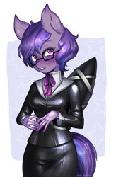 Size: 2047x3118 | Tagged: safe, artist:tawni-tailwind, derpibooru import, oc, oc:starshine bomber, anthro, pegasus, bondage, bound wings, business suit, clothes, glasses, intersex, latex, latex suit, outfit, shiny, solo, wings