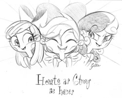Size: 851x683 | Tagged: safe, artist:ilianagatto, derpibooru import, apple bloom, scootaloo, sweetie belle, human, blush sticker, blushing, cutie mark crusaders, female, grayscale, hearts as strong as horses, humanized, monochrome, pencil drawing, sketch, traditional art, trio