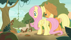 Size: 1280x720 | Tagged: safe, derpibooru import, screencap, applejack, fluttershy, earth pony, pegasus, pony, squirrel, sounds of silence