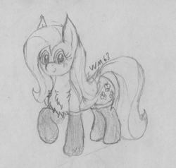 Size: 1903x1814 | Tagged: safe, artist:wapamario63, fluttershy, pegasus, pony, /mlp/, chest fluff, clothes, cute, female, frilly socks, lineart, mare, monochrome, pencil drawing, socks, solo, traditional art