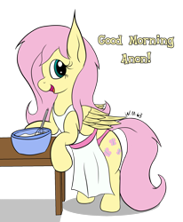 Size: 1743x2120 | Tagged: safe, artist:wapamario63, fluttershy, pegasus, pony, apron, baking, bowl, clothes, dialogue, egg beater, female, housewife, mare, mixing bowl, offscreen character, open mouth, open smile, simple background, smiling, solo, transparent background