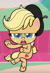 Size: 431x619 | Tagged: safe, derpibooru import, screencap, applejack, earth pony, pony, how applejack got her hat back, my little pony: pony life, spoiler:pony life s01e04, beret, cropped, crossed legs, female, hat, mare, open mouth, raised hoof, sitting, solo