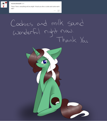 Size: 1100x1246 | Tagged: safe, artist:kaggy009, derpibooru import, oc, oc:peppermint pattie (unicorn), unicorn, ask peppermint pattie, female, mare, solo