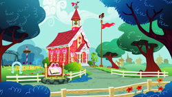 Size: 1280x720 | Tagged: safe, derpibooru import, screencap, the cart before the ponies, background, no pony, scenic ponyville, school