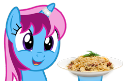 Size: 2348x1500 | Tagged: safe, alternate version, artist:indonesiarailroadpht, derpibooru import, oc, oc only, oc:parcly taxel, alicorn, pony, alicorn oc, female, food, horn, mare, pasta, simple background, smiling, solo, spaghetti, transparent background, wings