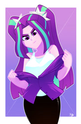 Size: 2161x3301 | Tagged: safe, artist:xan-gelx, derpibooru import, aria blaze, equestria girls, changing clothes, clothes, female, high res, looking at you, open clothes, pants, sleeveless, tanktop, undressing