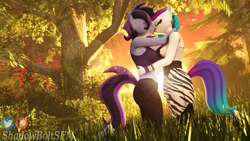 Size: 3840x2160 | Tagged: safe, artist:shadowboltsfm, derpibooru import, oc, oc:aurora starling, oc:raven storm, anthro, plantigrade anthro, 3d, 4k, barefoot, bra, bracelet, clothes, cute, daaaaaaaaaaaw, dress, eyelashes, eyes closed, feet, female, grass, jewelry, kissing, kneeling, lens flare, lesbian, nail polish, ocbetes, source filmmaker, sunset, underwear, wholesome