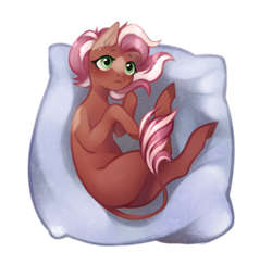 Size: 1540x1506 | Tagged: safe, artist:kand, derpibooru import, oc, oc only, oc:serenity nonpareil, original species, pony, cute, fangs, leonine tail, pillow, simple background, solo, transparent background