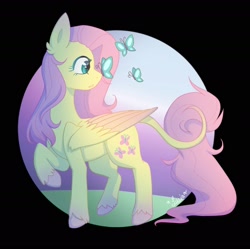 Size: 1979x1970 | Tagged: safe, artist:luciakitsu, derpibooru import, fluttershy, butterfly, pegasus, pony, :o, butterfly on nose, colored hooves, female, head turn, insect on nose, leonine tail, looking at something, mare, open mouth, partial background, profile, raised hoof, solo, standing, two toned wings, unshorn fetlocks, wings