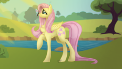 Size: 1280x720 | Tagged: safe, artist:karathepony, derpibooru import, fluttershy, butterfly, pegasus, pony, butterfly on nose, chest fluff, crepuscular rays, female, folded wings, insect on nose, looking at something, mare, outdoors, pond, profile, raised hoof, smiling, solo, standing, water, wings