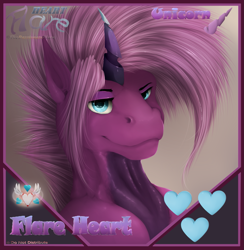 Size: 1249x1281 | Tagged: safe, artist:flareheartmz, derpibooru import, oc, oc:flareheart, pony, unicorn, bust, cutie mark, frame, horn, looking at you, portrait, solo, text