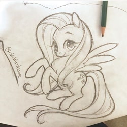 Size: 720x720 | Tagged: safe, artist:chihirohowe, derpibooru import, fluttershy, pegasus, pony, instagram, monochrome, pencil drawing, solo, traditional art